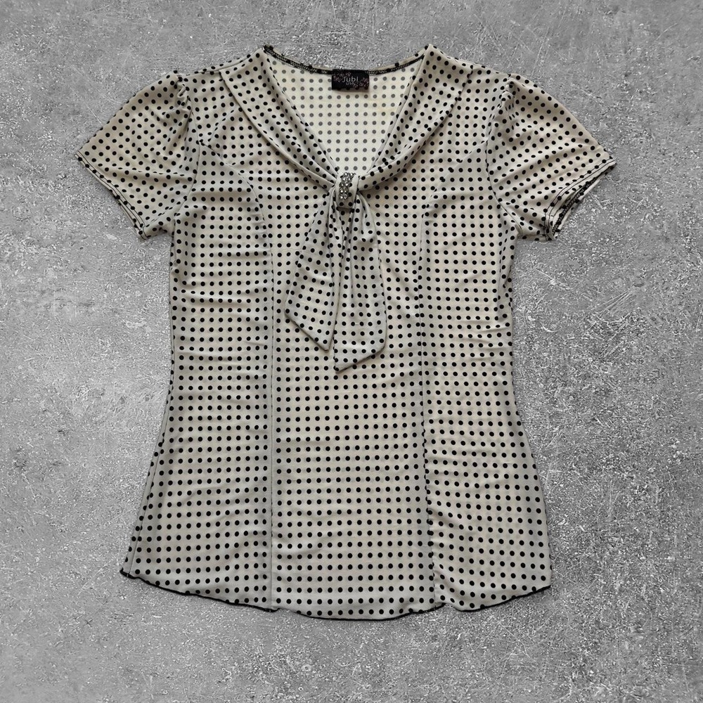 Jubi USA Y2K Polka Dot Blouse Bow Rhinestone Black White Top JB 2512 Medium